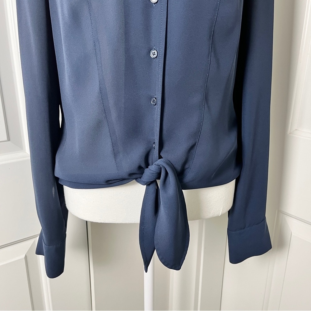 Suzy Shier Navy Button-Up Tie Front Blouse w/ Peek-a-boo Back Detail - M/L - Picture 5 of 13